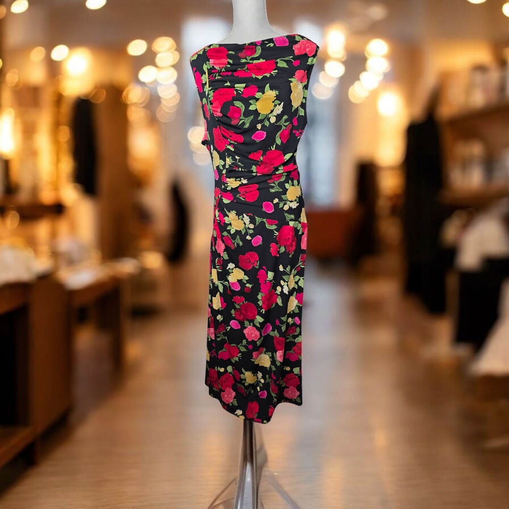 Black Floral Midi Dress with Pink & Yellow Blooms